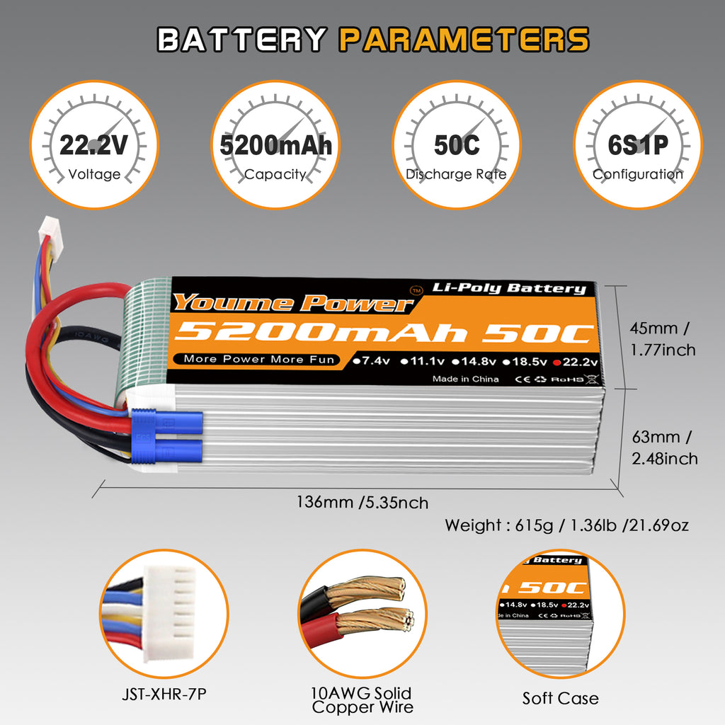 Youme 2 Packs 6S Lipo Battery 5200mAh 50C 22.2V Hard Case RC Battery  for Align T-REX550 600 RC Airplane Helicopter Quadcopter 1/7 1/8 Car Truck Boat