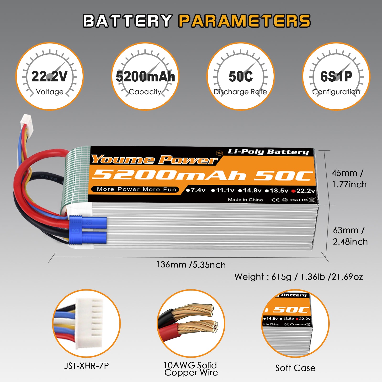 Youme 2 Packs 6S Lipo Battery 5200mAh 50C 22.2V Hard Case RC Battery  for Align T-REX550 600 RC Airplane Helicopter Quadcopter 1/7 1/8 Car Truck Boat
