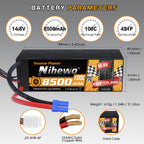 Nihewo 8500mAh 4S Lipo Battery 14.8V 100C Hard Case RC Battery for 1/5 1/6 1/7 Scale RC Vehicle Car Truck Buggy Drone Boat RC Models (2Packs)