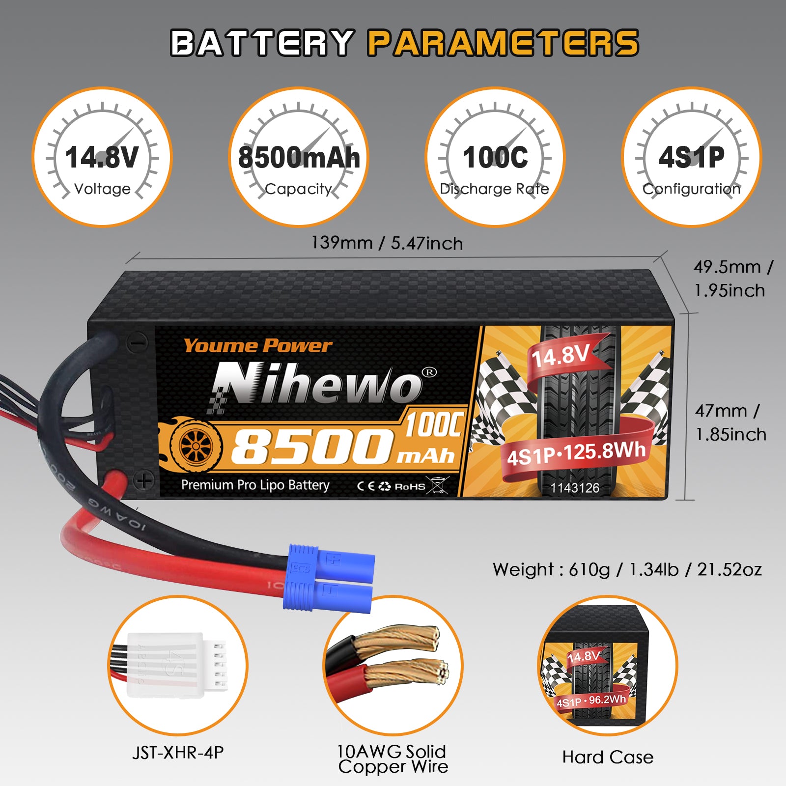 Nihewo 8500mAh 4S Lipo Battery 14.8V 100C Hard Case RC Battery for 1/5 1/6 1/7 Scale RC Vehicle Car Truck Buggy Drone Boat RC Models (2Packs)