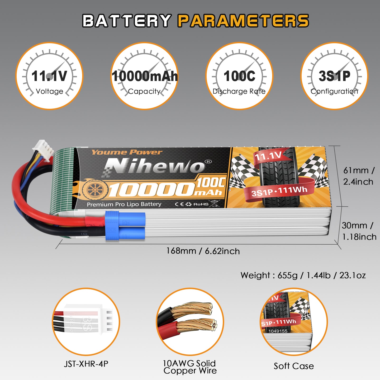 Nihewo 6S Lipo Battery,2Packs 11.1V 10000mAh RC Battery Soft Case 100C Compatible with RC Car Truck Tank Plane Drone Boat Models
