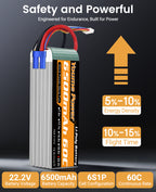 Youme 2Packs 6S Lipo Battery 22.2V 6500mAh 60C EC5 Plug, Soft Case High Voltage RC LiPo Battery for Arrma 1/7 1/8 RC Car Truck Vehicle Airplane Quadcopter Helicopter Model