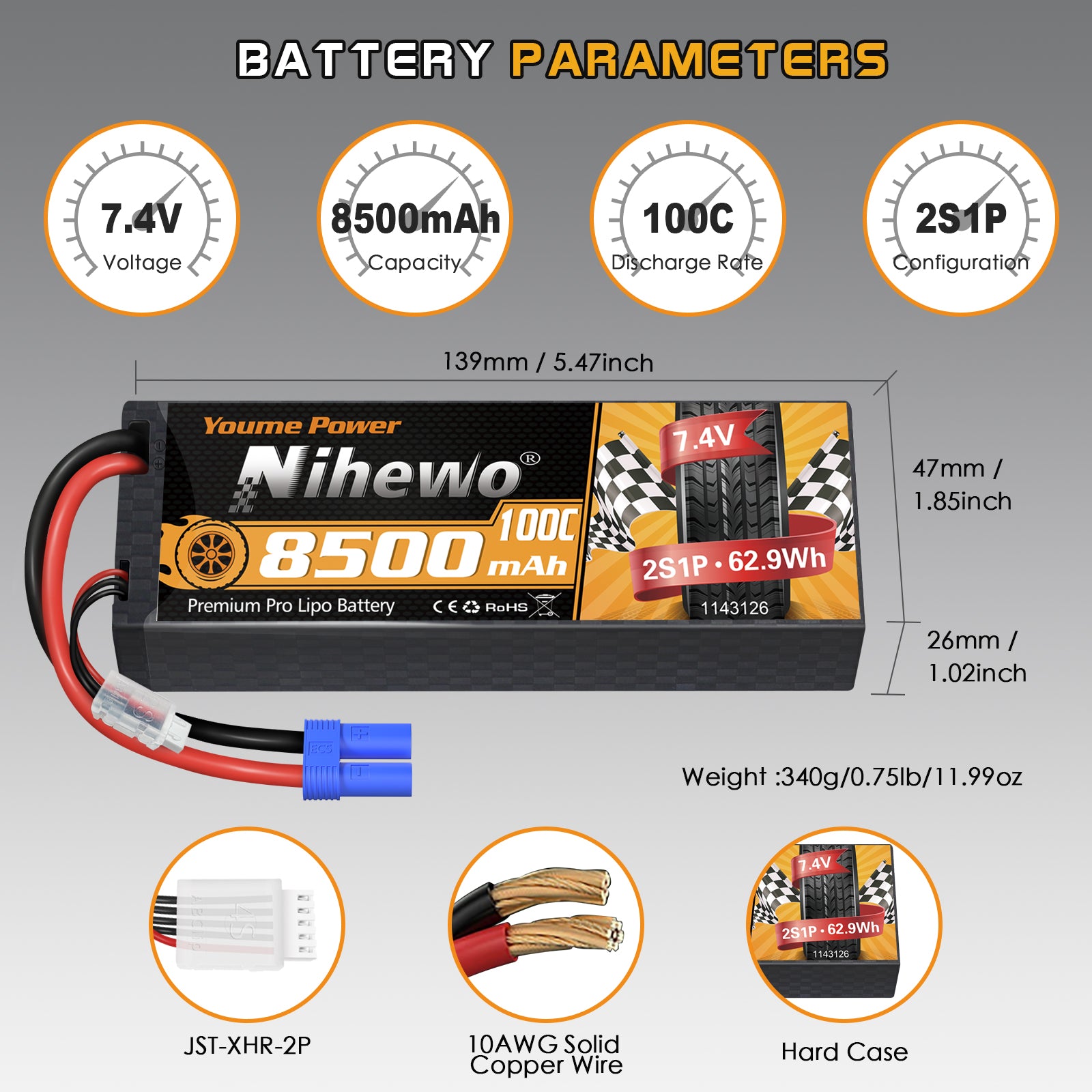 Nihewo 2S Lipo Battery 8500mAh 7.4V RC Battery 100C Hard Case Compatible with Arrma Axial 1/8 1/10 Scale RC Vehicle Car Truck Buggy Drone Boat Models (2Packs)