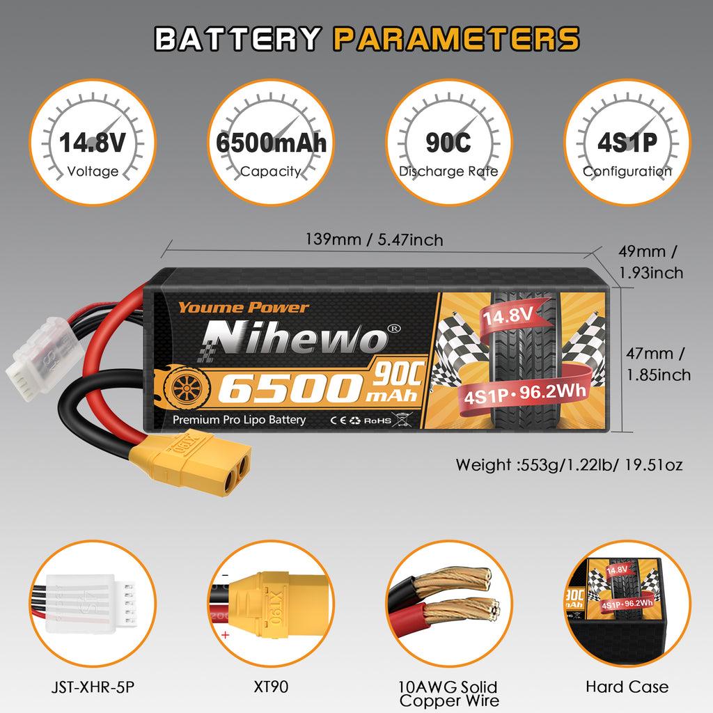 4S Lipo Battery Pack, Nihewo 14.8V RC Battery 6500mAh  HardCase Lipo Batteries Compatible with Arrma Losi 1/5 1/6 1/7 1/8 RC Car Truck Truggy Vehicles Tank Boat Airplane(2Packs )