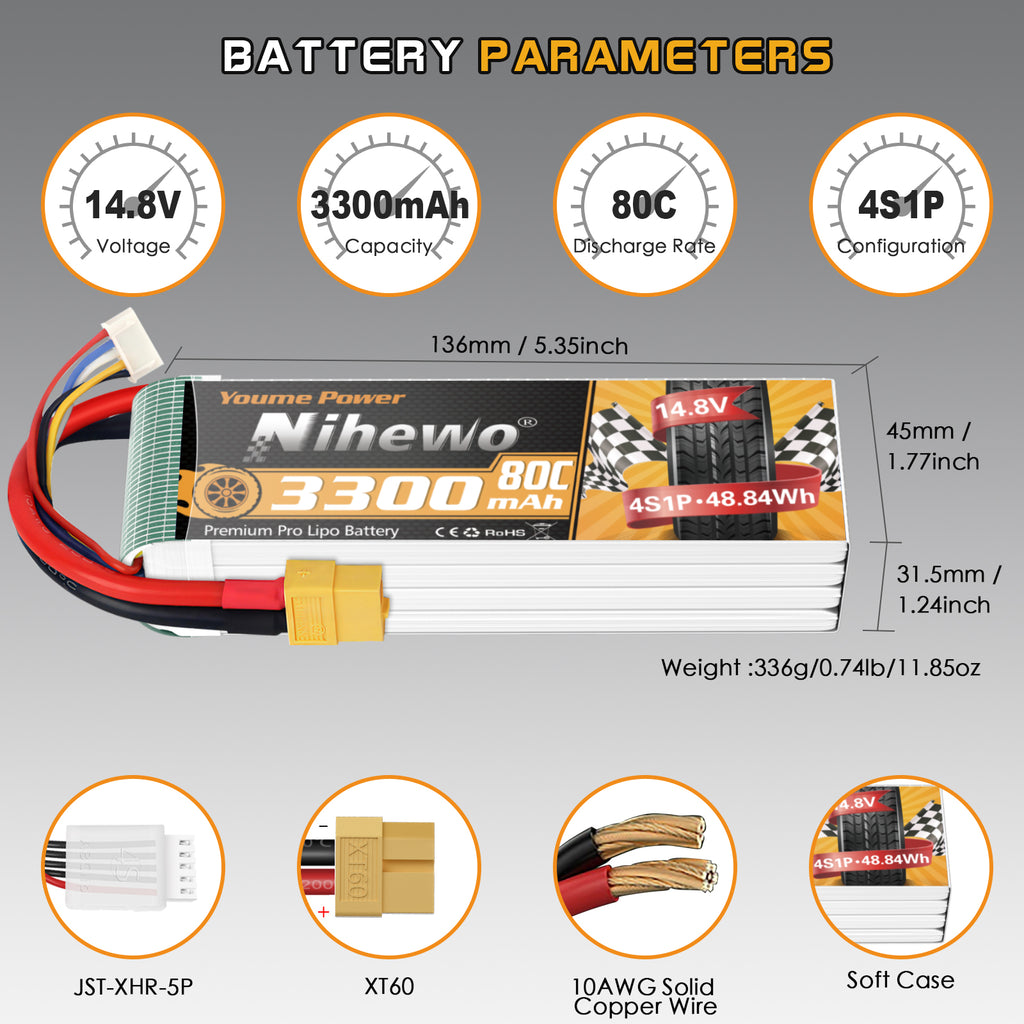 Nihewo 2Packs 4S Lipo Battery Pack, 14.8V Lipo Battery 3300mAh Soft Case Compatible with Axial E-flite RC Airplane Plane Quadcopter Drone EDF Jet Car Truck Vehicle Boat Models