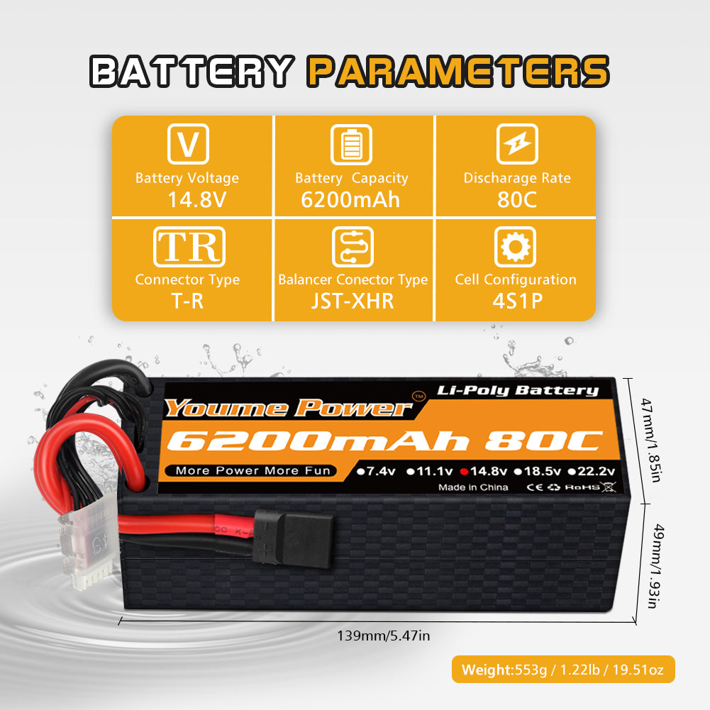 Youme 4S Lipo Battery 14.8V 6200mAh 50C  High Discharge Hardcase RC Battery for 1/7 1/8 RC Crawler Monster Off-Road Car Truck Buggy Truggy Boat(2Packs)