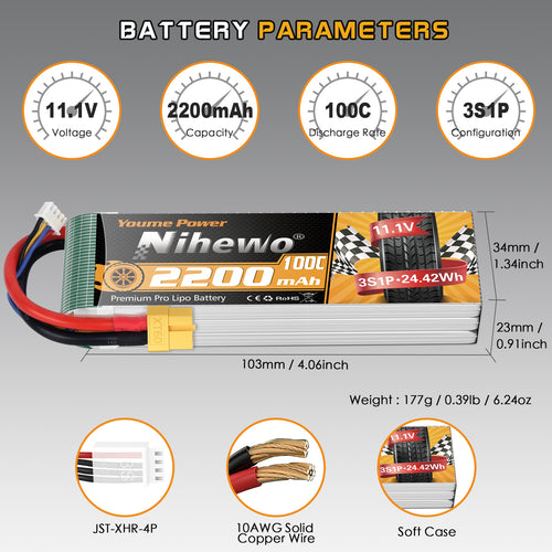 3S Lipo Battery 11.1V 2200mAh RC Lipo Battery Pack 100C Soft Case Compatible with RC Cars, Trucks, Boats, Airplanes, Helicopters, Drone, FPV Racing Hobby Models (2 Pack)