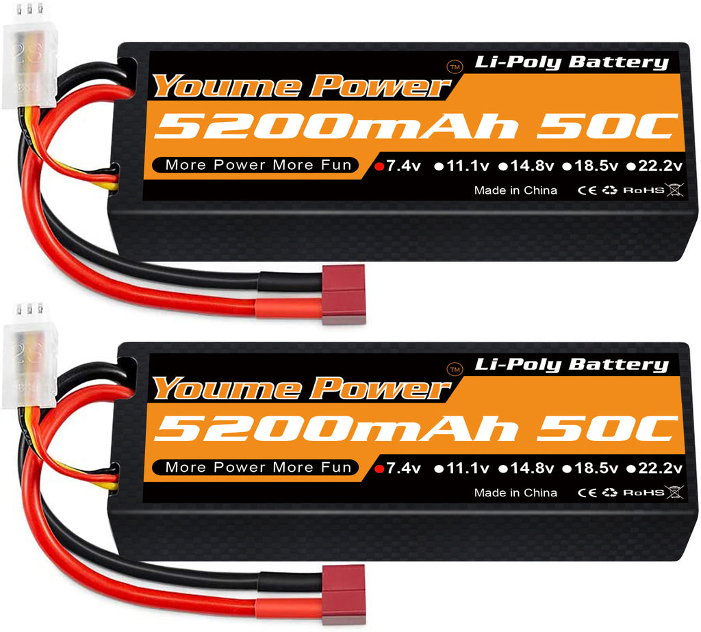 Youme 2s Lipo Battery 7.4V RC Lipo Batteries 5200mAh Hard Case Connector for Most 1/8 1/10 RC Car/Vehicle/Truck/Buggy Boat Drone Models(2 Packs)