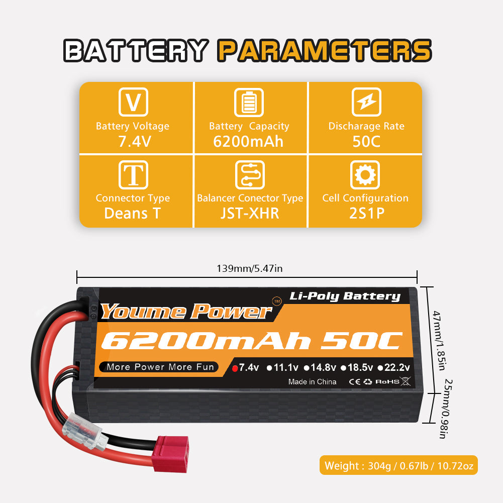 2S LiPo Battery 6200 mAh 50C 7.4 V Lipo Battery Hard Case  Compatible with Axial 1/8 1/10 RC Aeroplane Helicopter RC Car Truck Boat (2 Packs)
