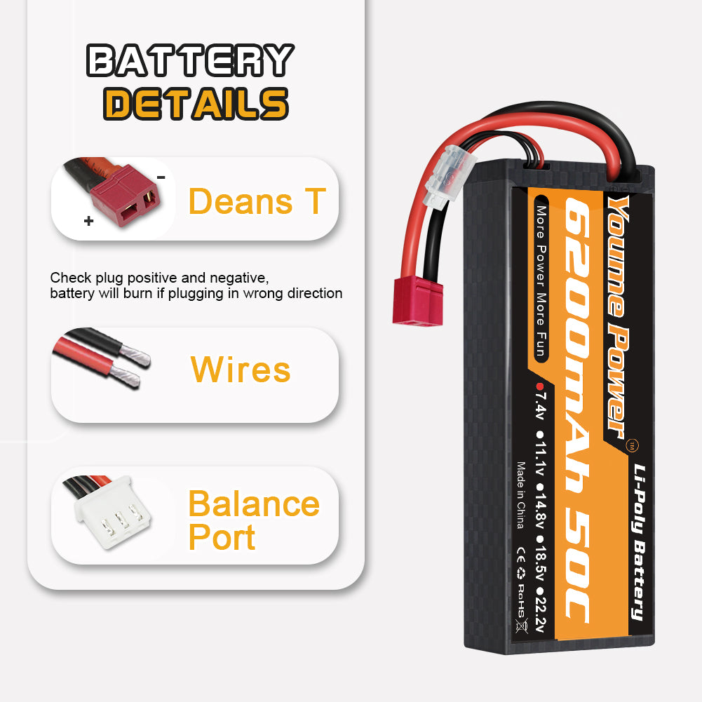 2S LiPo Battery 6200 mAh 50C 7.4 V Lipo Battery Hard Case  Compatible with Axial 1/8 1/10 RC Aeroplane Helicopter RC Car Truck Boat (2 Packs)