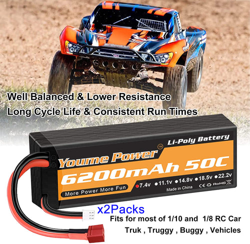 2S LiPo Battery 6200 mAh 50C 7.4 V Lipo Battery Hard Case  Compatible with Axial 1/8 1/10 RC Aeroplane Helicopter RC Car Truck Boat (2 Packs)
