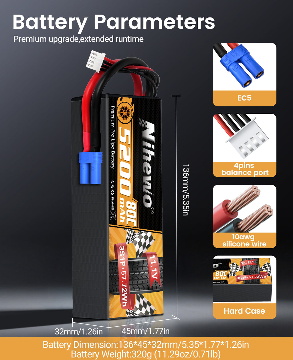 3S Lipo Battery 5200mAh 2 Packs 11.1V RC Battery 80C Hard Case for 1/8 1/10 Scale RC Car Truck Vehicle Tank Boat Helicopter Airplane Hobby Models