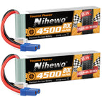 Nihewo 3S Lipo Battery 2Packs 11.1V Lipo Battery 4500mAh 80C Soft Case Compatible with Arrma Axial Losi E-flite 1/10 and 1/8 Scale RC Car Truck Vehicle Airplane Helicopter Boat Tank Models