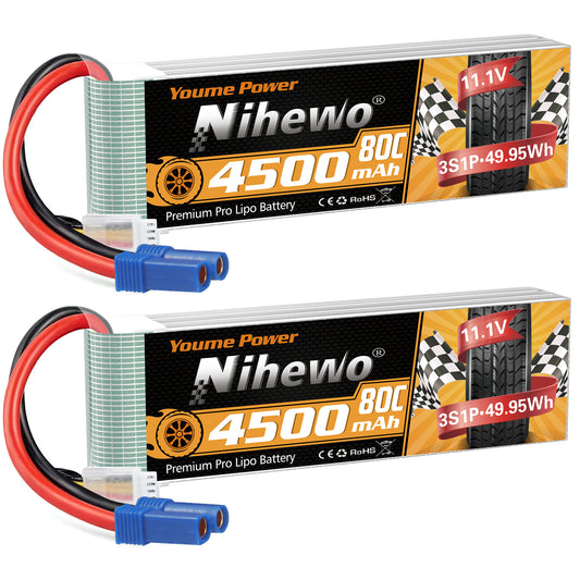 Nihewo 3S Lipo Battery 2Packs 11.1V Lipo Battery 4500mAh 80C Soft Case EC5 Plug Compatible with Arrma Axial Losi E-flite 1/10 and 1/8 Scale RC Car Truck Vehicle Airplane Helicopter Boat Tank Models