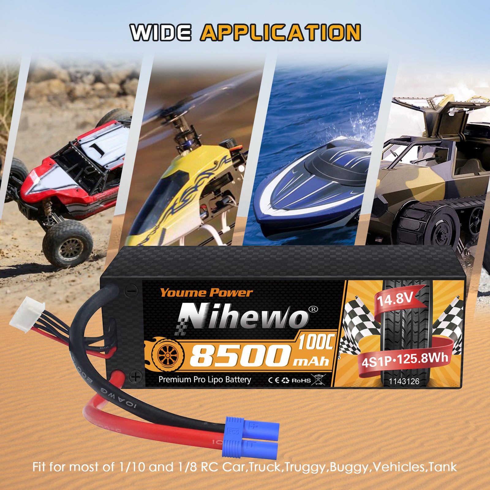 Nihewo 8500mAh 4S Lipo Battery 14.8V 100C Hard Case RC Battery for 1/5 1/6 1/7 Scale RC Vehicle Car Truck Buggy Drone Boat RC Models (2Packs)