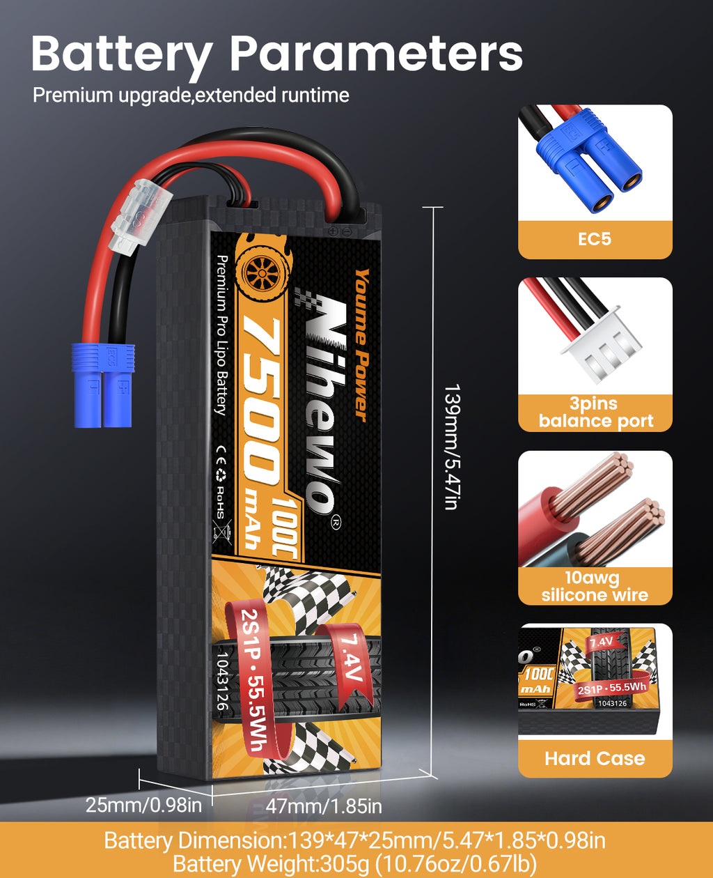 2S Lipo Battery Pack 7.4V RC Battery 7500mAh 100C Hard Case  for 1/8 1/10 RC Car Truck Vehicle Boat Tank Airplane Model(2 Packs)