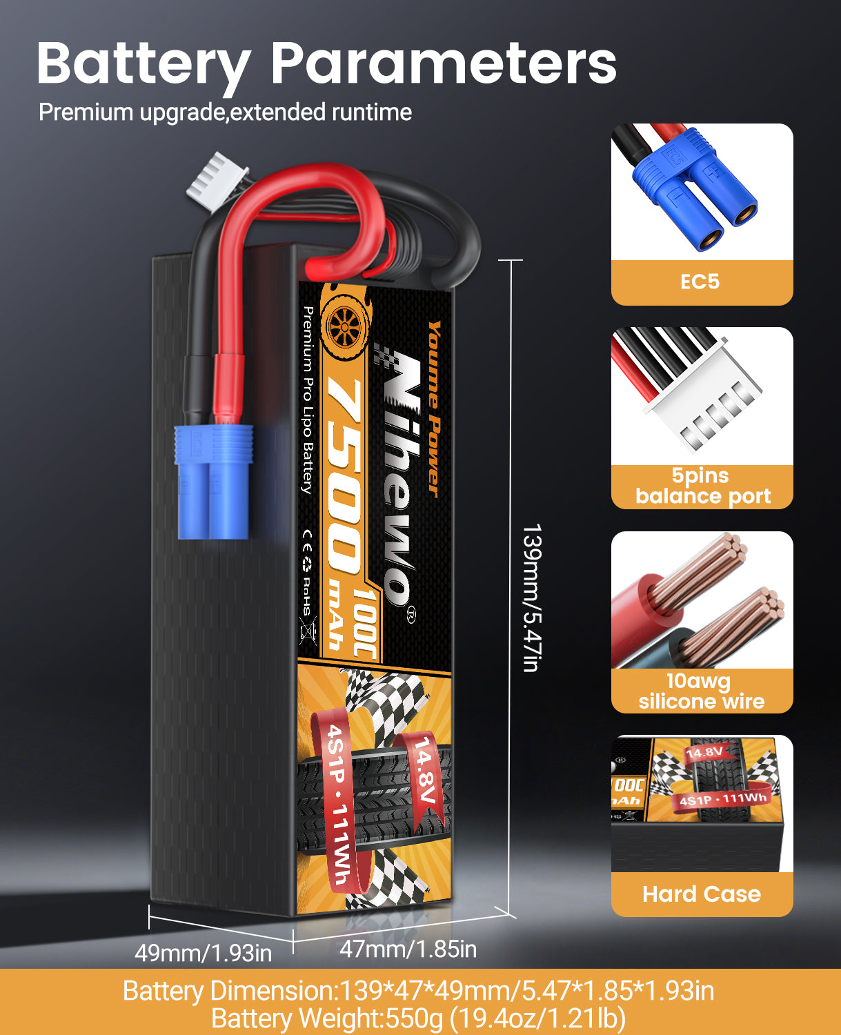 2Packs 4S Lipo Battery, 14.8V 7500mAh Lipo Batteries Hardcase 100C Compatible with Arrma E-flite 1/5 1/6 1/7 1/8 Scale RC Car Truck Truggy Vehicles Tank Boat Airplane Models