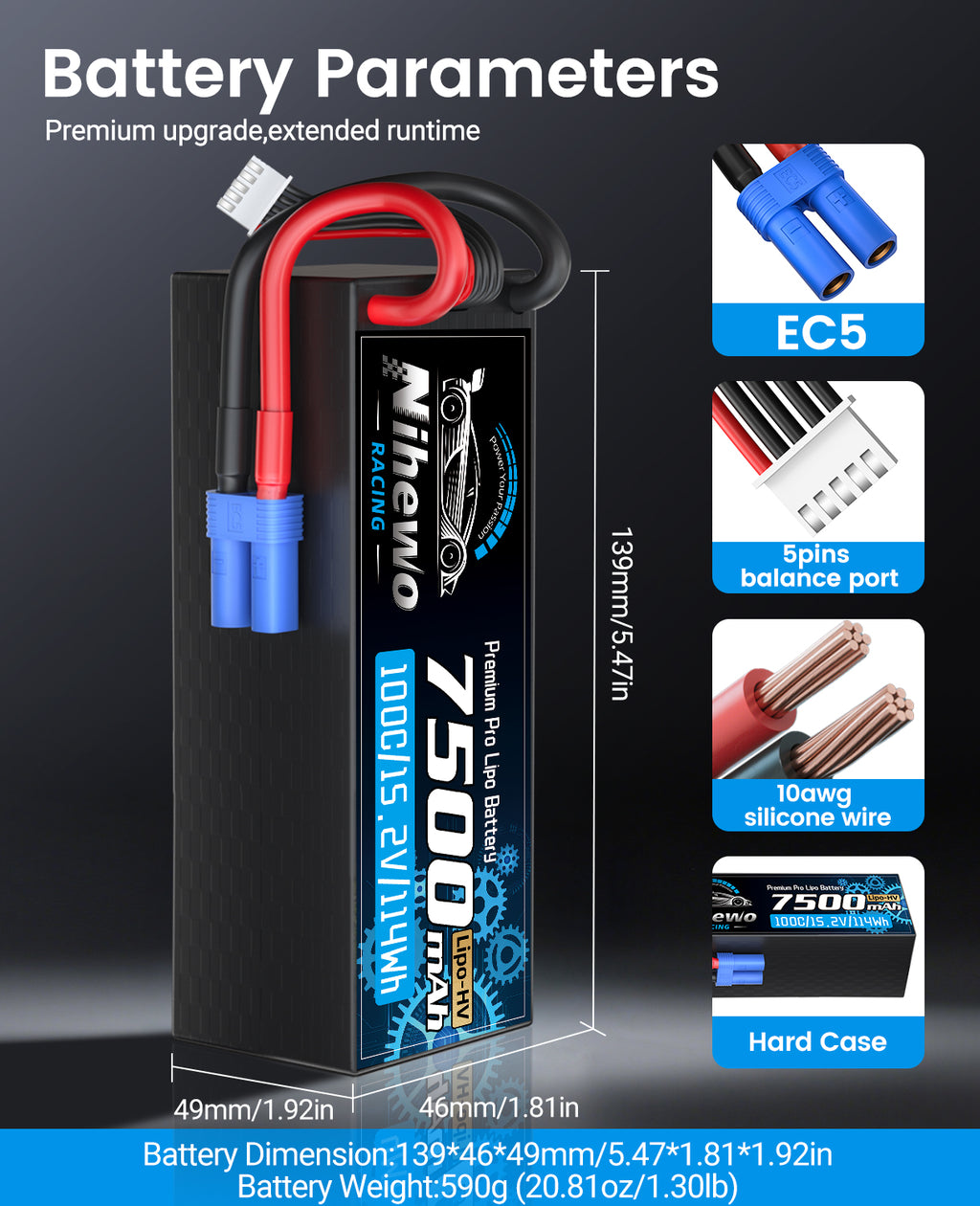 4S Lipo Battery 7500mAh 100C 15.2V High Voltage Hard Case RC Battery 2 Packs for 1/5 1/6 1/7 1/8 RC Car Truck Truggy Buggy Boat Airplane Models