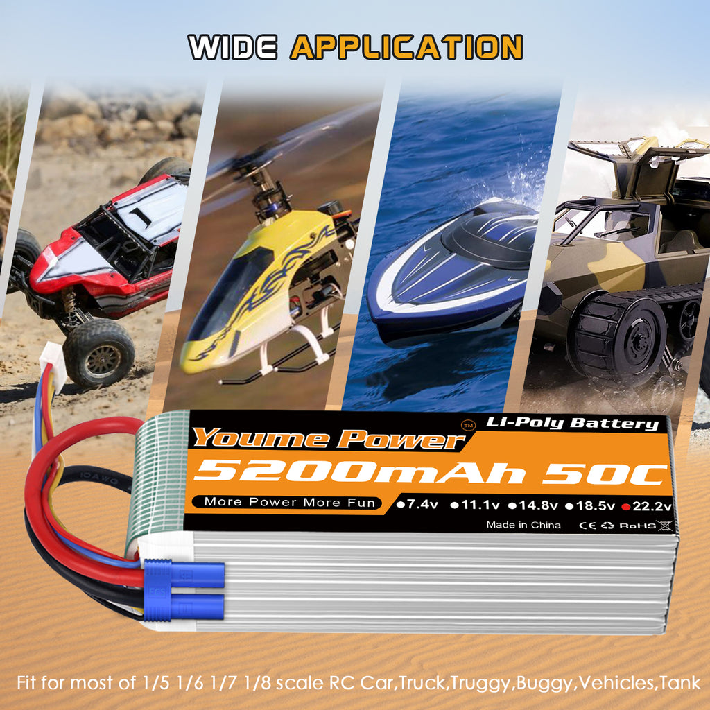 Youme 2 Packs 6S Lipo Battery 5200mAh 50C 22.2V Hard Case RC Battery  for Align T-REX550 600 RC Airplane Helicopter Quadcopter 1/7 1/8 Car Truck Boat