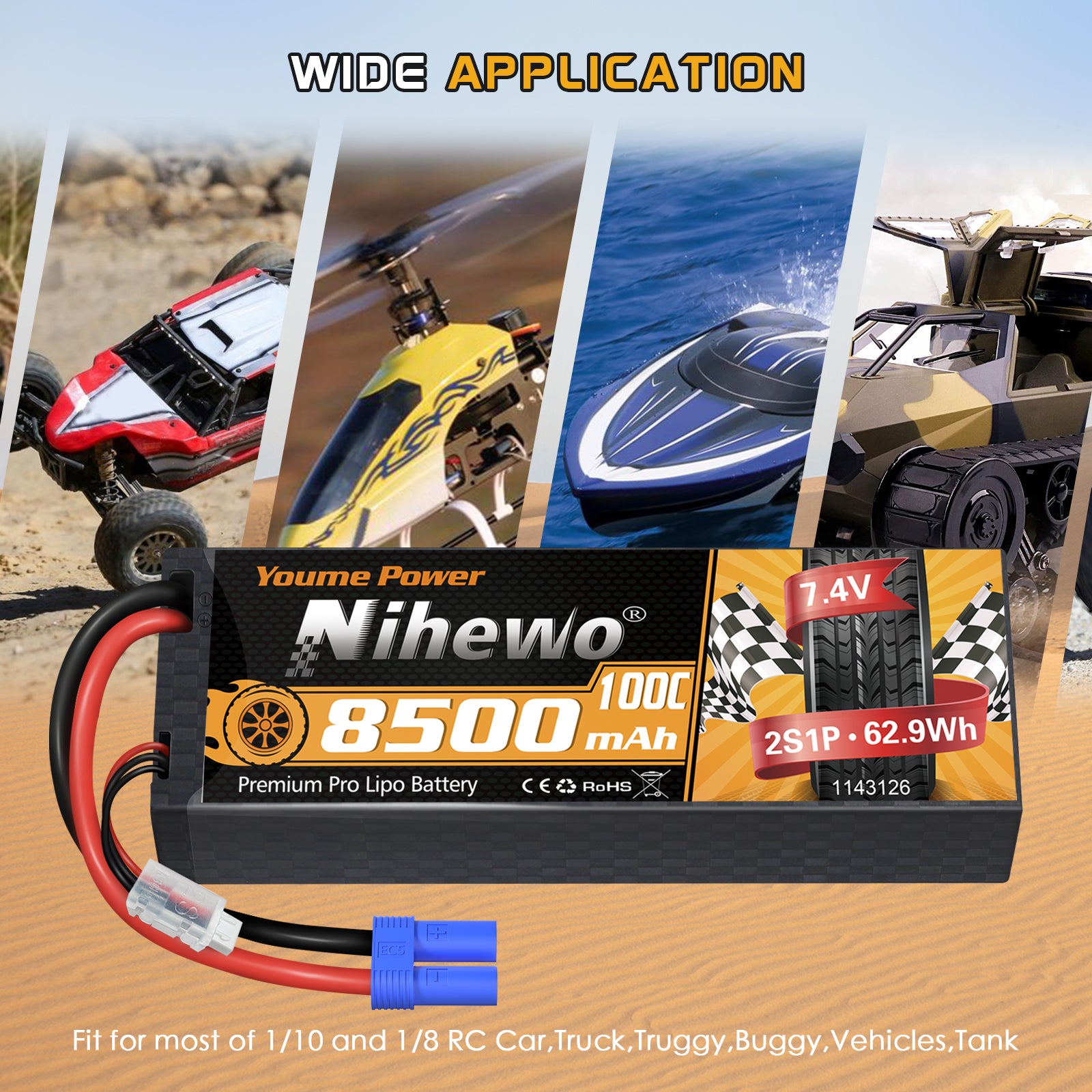 Nihewo 2S Lipo Battery 8500mAh 7.4V RC Battery 100C Hard Case Compatible with Arrma Axial 1/8 1/10 Scale RC Vehicle Car Truck Buggy Drone Boat Models (2Packs)