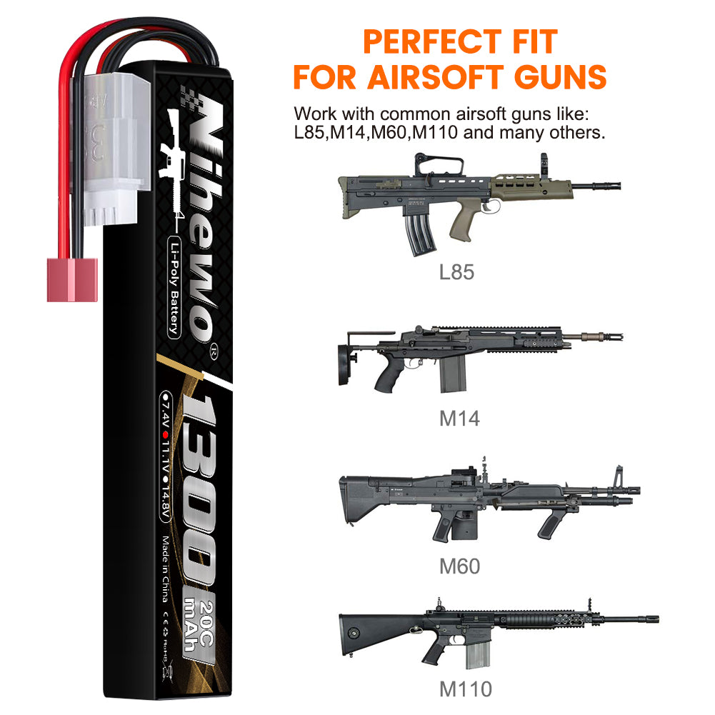 Airsoft Battery Rechargeable 11.1V 1300mAh 3S Lipo Battery 20C Soft Case with Dean-Style T Plug for AEG Airsoft Gun/Rifle RC Models (2packs)