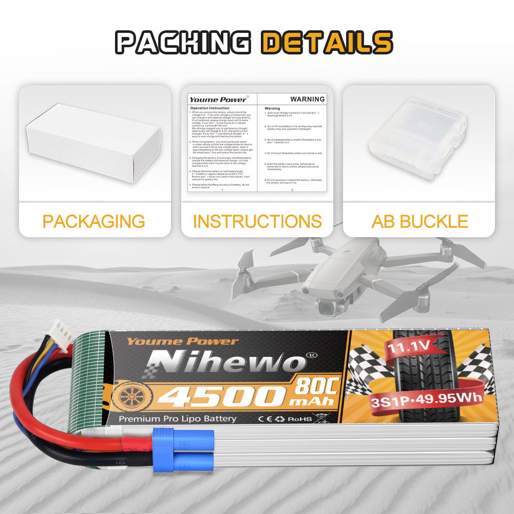 Nihewo 3S Lipo Battery 2Packs 11.1V Lipo Battery 4500mAh 80C Soft Case EC5 Plug Compatible with Arrma Axial Losi E-flite 1/10 and 1/8 Scale RC Car Truck Vehicle Airplane Helicopter Boat Tank Models
