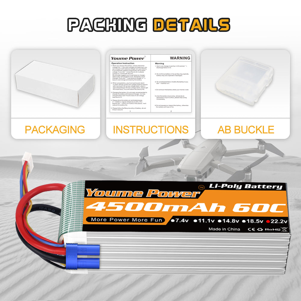 Youme 6S Lipo Battery,22.2V 4500mAh Lipo Battery 60C with EC5 Plug for X Class Drone Racing 70MM 80MM 90MM EDF RC Quadcopter Airplane Helicopter Car Truck Boat Hobby (2 Packs)