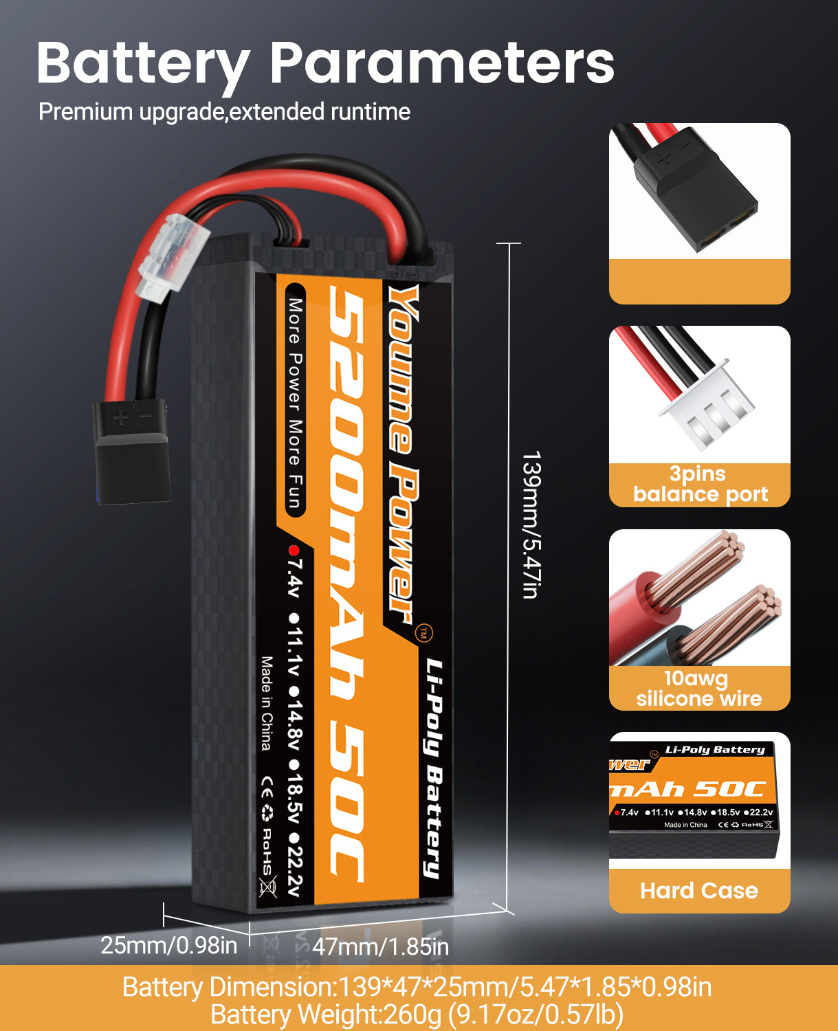 Youme 2s Lipo Battery 7.4V RC Lipo Batteries 5200mAh Hard Case Connector for Most 1/8 1/10 RC Car/Vehicle/Truck/Buggy Boat Drone Models(2 Packs)