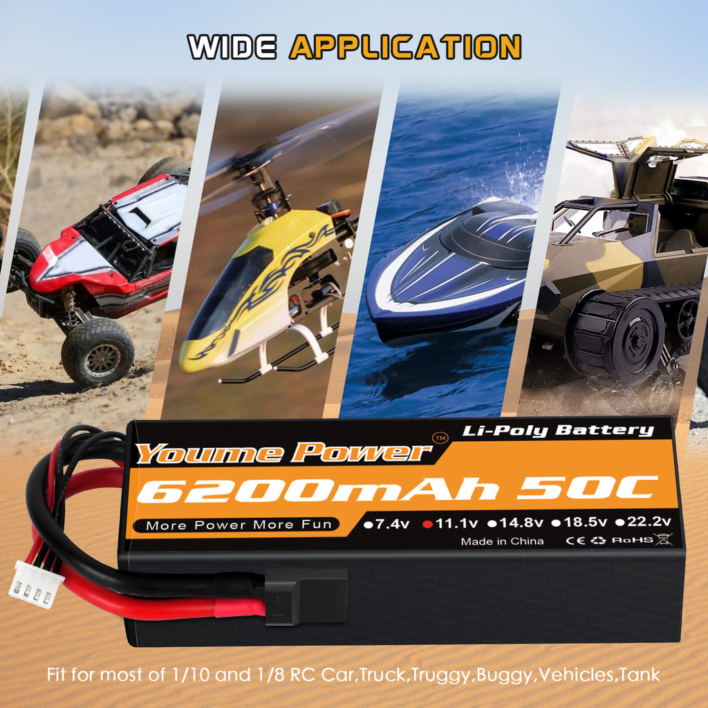 Youme 3S Lipo Battery 6200mAh 50C 11.1V Hard Case RC Battery  for RC Car Truck Buggy Boat Airplane UAV Drone FPV(2 Packs)