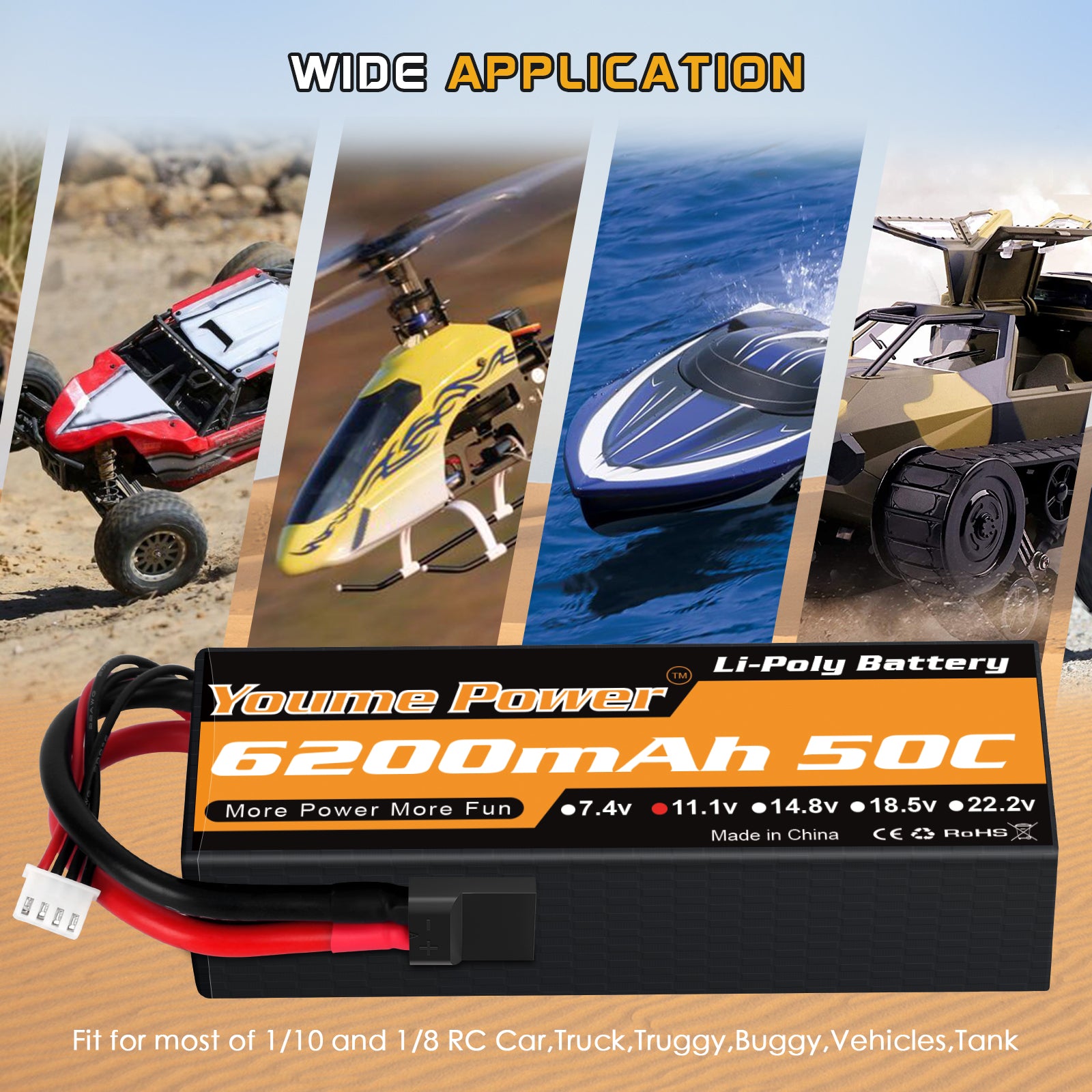 Youme 3S Lipo Battery 6200mAh 50C 11.1V Hard Case RC Battery  for RC Car Truck Buggy Boat Airplane UAV Drone FPV(2 Packs)