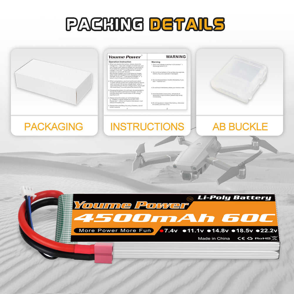 2S LiPo Battery, 7.4V RC Lipo Batteries 4500mAh 60C Soft Case with Dean-Style T Connector for 1/8 and 1/10 RC Vehicles Car Buggy Truggy Airplane Drone FPV(2 Packs)