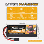 Nihewo 2Packs 2S Lipo Battery 7.4V 6500mAh RC Lipo Battery Pack 90C Hard Case Compatible with Arrma Axial 1/8 and 1/10 RC Truck Vehicles Car Truggy Buggy Racing Models