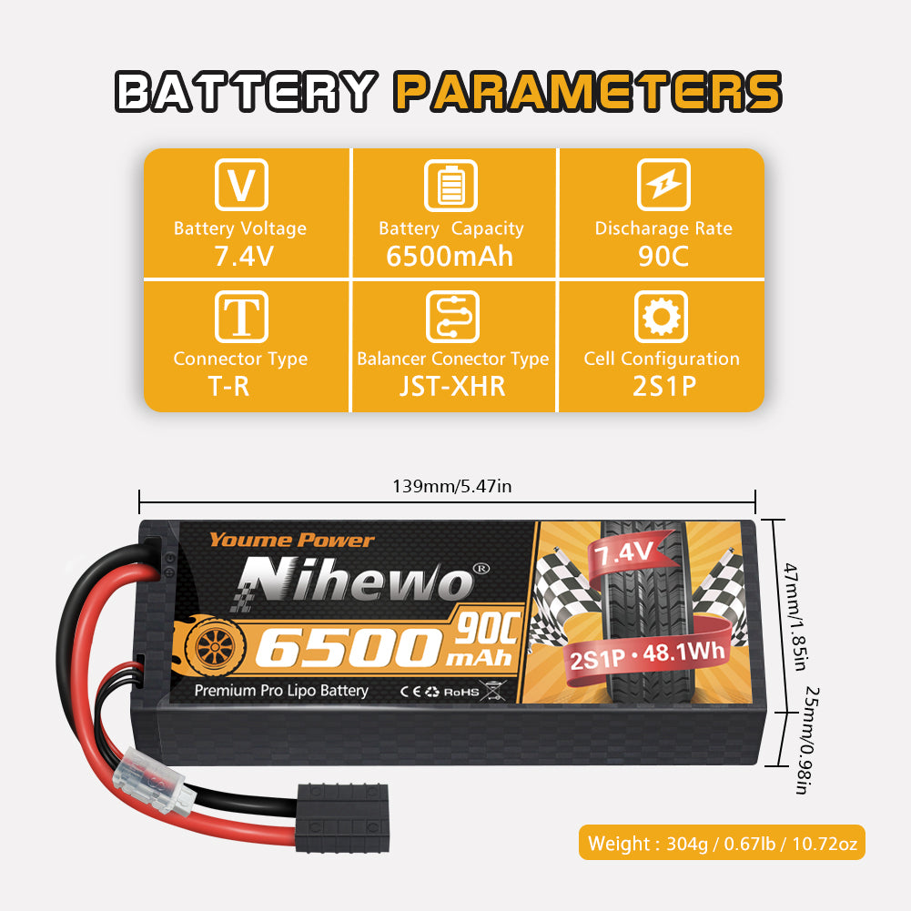 Nihewo 2Packs 2S Lipo Battery 7.4V 6500mAh RC Lipo Battery Pack 90C Hard Case wIth Trx Plug Compatible with Arrma Axial 1/8 and 1/10 RC Truck Vehicles Car Truggy Buggy Racing Models