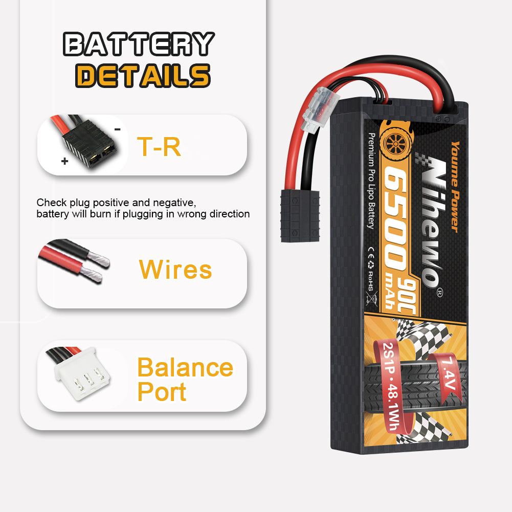 Nihewo 2Packs 2S Lipo Battery 7.4V 6500mAh RC Lipo Battery Pack 90C Hard Case Compatible with Arrma Axial 1/8 and 1/10 RC Truck Vehicles Car Truggy Buggy Racing Models