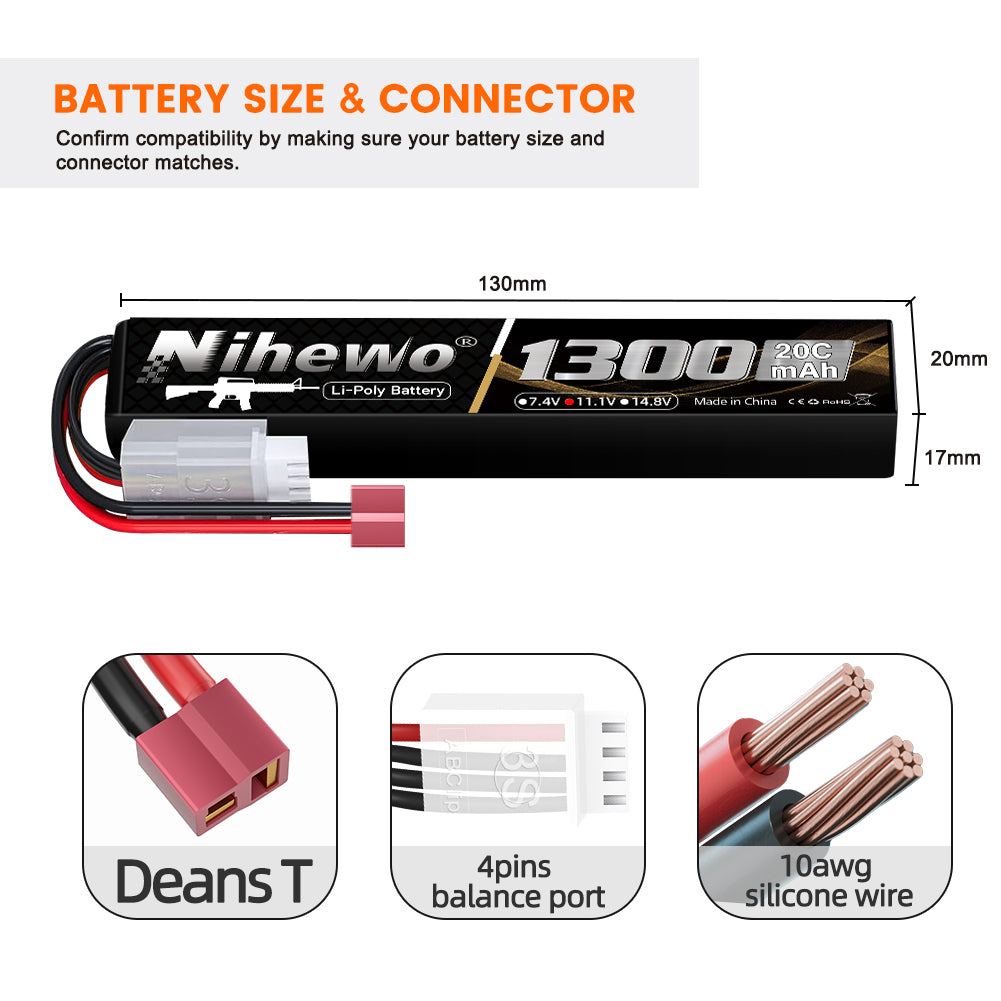 Airsoft Battery Rechargeable 11.1V 1300mAh 3S Lipo Battery 20C Soft Case with Dean-Style T Plug for AEG Airsoft Gun/Rifle RC Models (2packs)