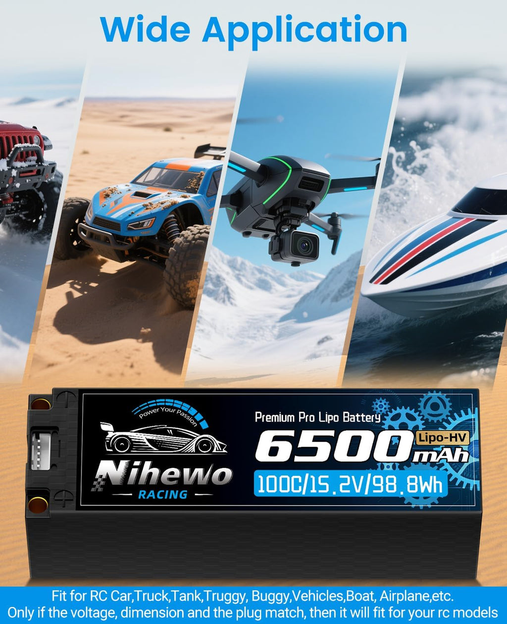 Nihewo 4S Lipo Battery 15.2V High Voltage Lipo Battery 6500mAh 100C Hard Case Compatible with 1/5 1/6 1/7 1/8 RC Car Truck Vehicles Truggy Buggy Boat Airplane(2Packs)
