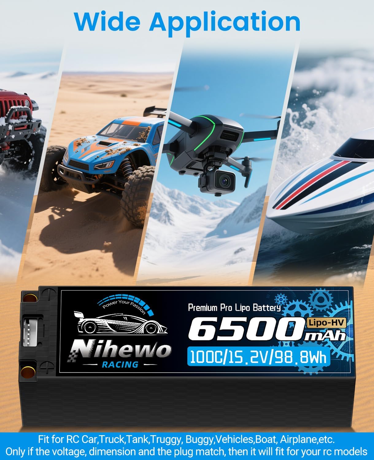 Nihewo 4S Lipo Battery 15.2V High Voltage Lipo Battery 6500mAh 100C Hard Case Compatible with 1/5 1/6 1/7 1/8 RC Car Truck Vehicles Truggy Buggy Boat Airplane(2Packs)