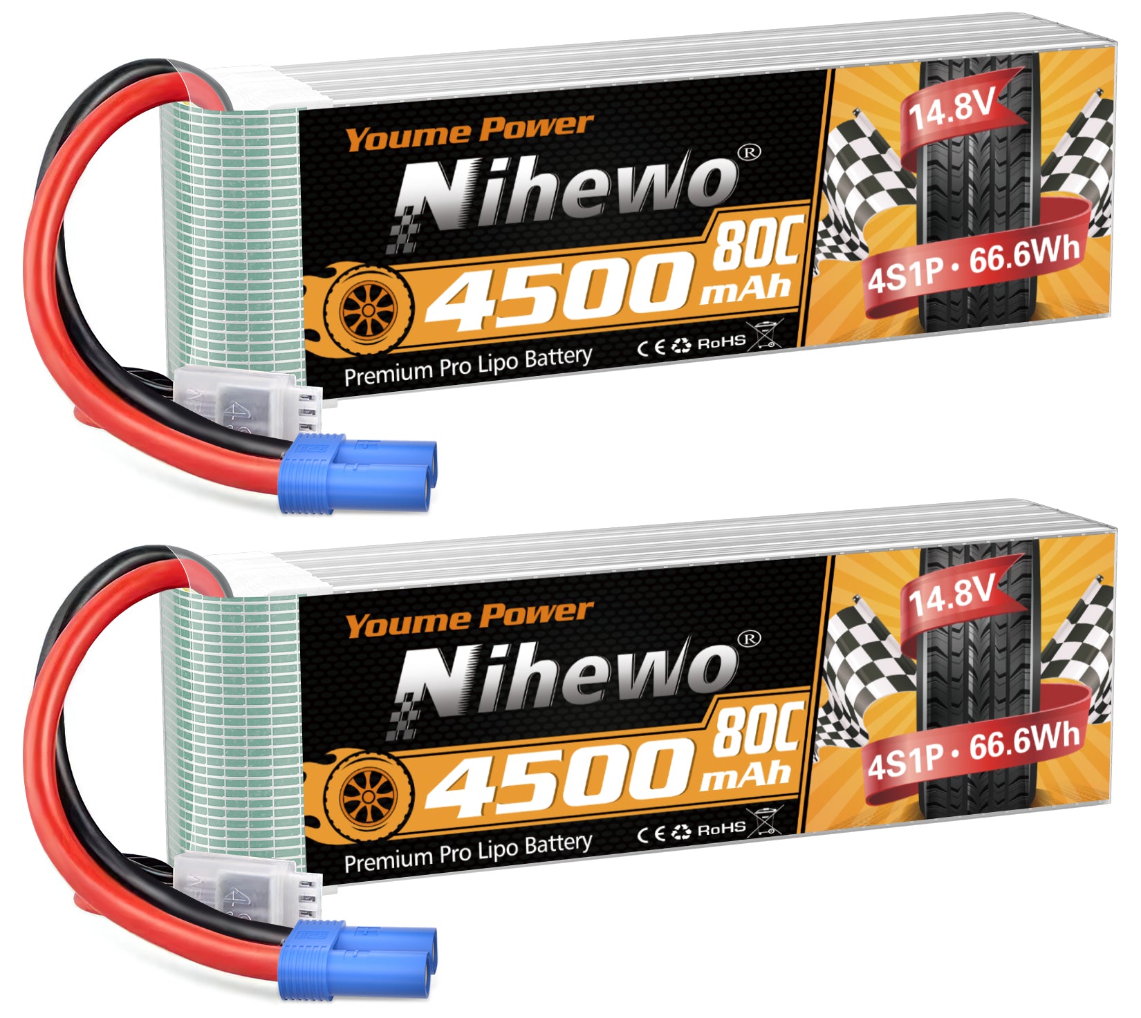 4S Lipo Battery 14.8V RC Battery 4500mAh Soft Case Compatible with 1/10 1/8 Scale RC Car Truck Vehicle Airplane Helicopter Boat Tank Models(2 Packs)