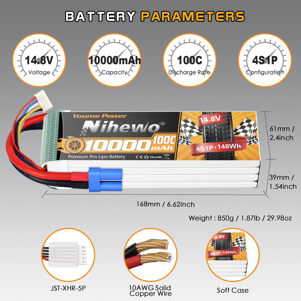 Nihewo 4S Lipo Battery,2Packs 14.8V 10000mAh RC Battery Soft Case 100C Compatible with RC Car Truck Tank Plane Drone Boat Models