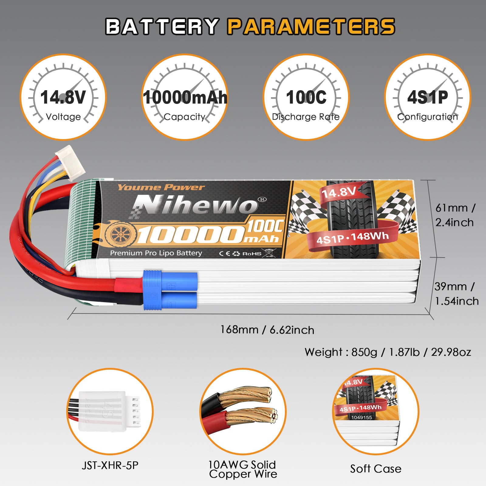 Nihewo 4S Lipo Battery,2Packs 14.8V 10000mAh RC Battery Soft Case 100C Compatible with RC Car Truck Tank Plane Drone Boat Models