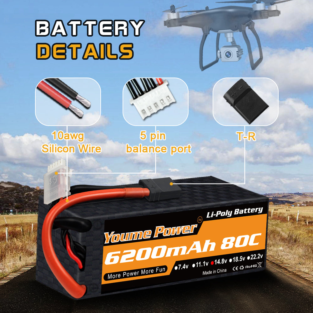 Youme 4S Lipo Battery 14.8V 6200mAh 50C  High Discharge Hardcase RC Battery for 1/7 1/8 RC Crawler Monster Off-Road Car Truck Buggy Truggy Boat(2Packs)
