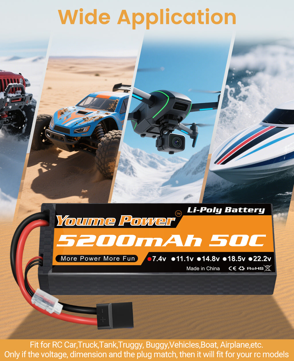 Youme 2s Lipo Battery 7.4V RC Lipo Batteries 5200mAh Hard Case Connector for Most 1/8 1/10 RC Car/Vehicle/Truck/Buggy Boat Drone Models(2 Packs)
