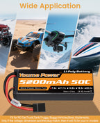 Youme 2s Lipo Battery 7.4V RC Lipo Batteries 5200mAh Hard Case Connector for Most 1/8 1/10 RC Car/Vehicle/Truck/Buggy Boat Drone Models(2 Packs)