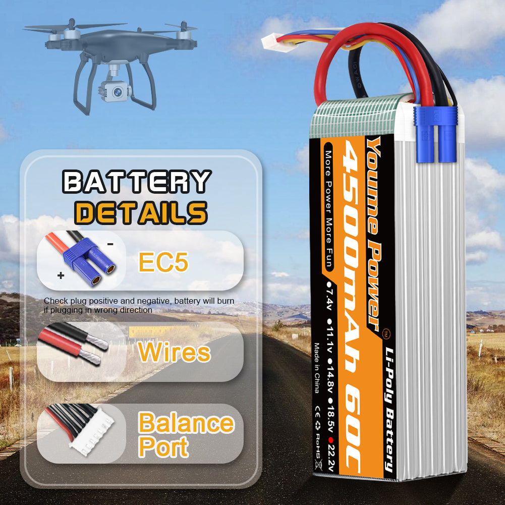 Youme 6S Lipo Battery,22.2V 4500mAh Lipo Battery 60C with EC5 Plug for X Class Drone Racing 70MM 80MM 90MM EDF RC Quadcopter Airplane Helicopter Car Truck Boat Hobby (2 Packs)