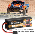 Nihewo 2Packs 2S Lipo Battery 7.4V 6500mAh RC Lipo Battery Pack 90C Hard Case Compatible with Arrma Axial 1/8 and 1/10 RC Truck Vehicles Car Truggy Buggy Racing Models