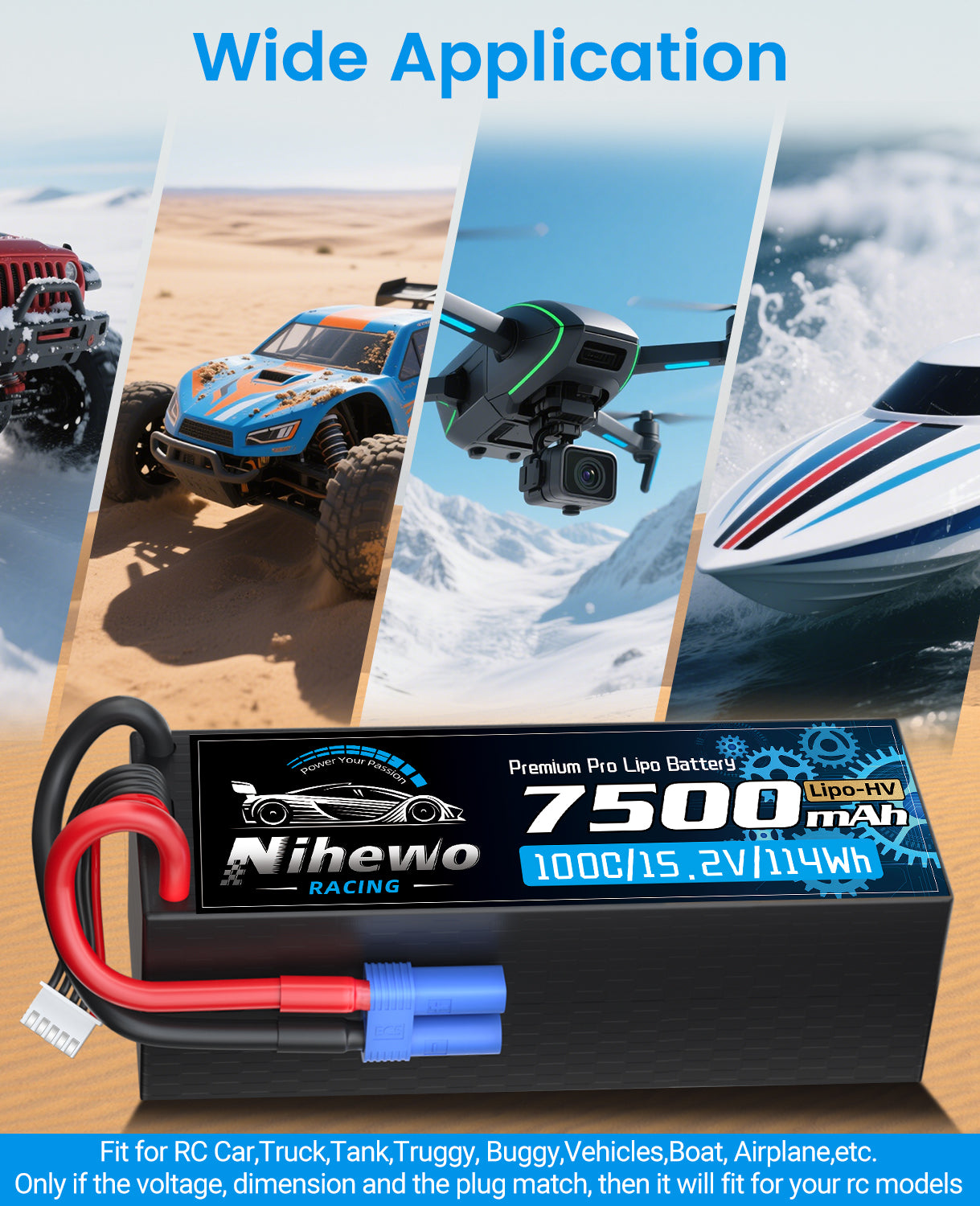 4S Lipo Battery 7500mAh 100C 15.2V High Voltage Hard Case RC Battery 2 Packs for 1/5 1/6 1/7 1/8 RC Car Truck Truggy Buggy Boat Airplane Models