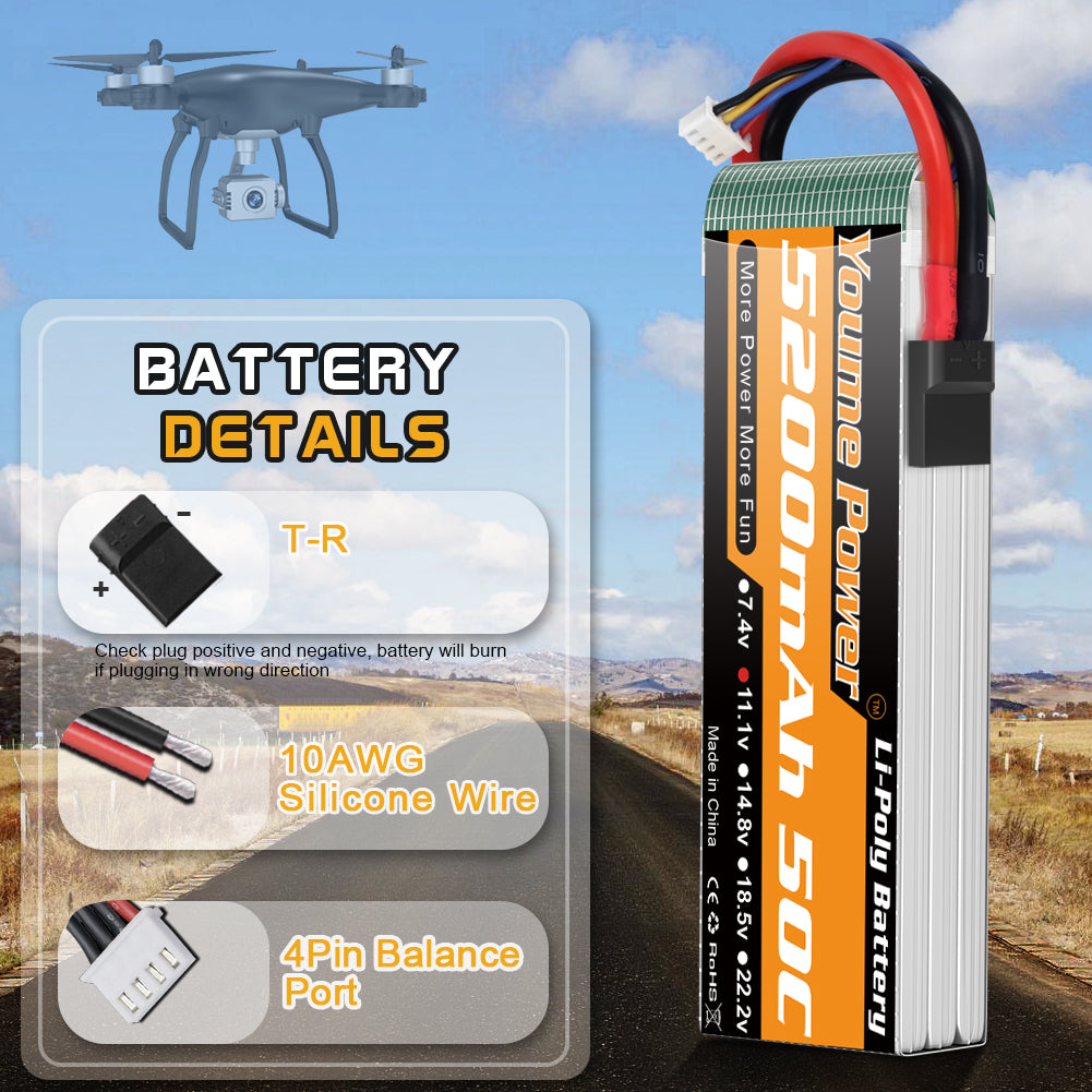 3S Battery Lipo,2 Packs 11.1V Lipo Battery 5200mAh with Trx Plug for RC Car/Truck, Boat,Drone,Buggy,Truggy,RC Helicopter, RC Airplane,UAV, FPV (Short)