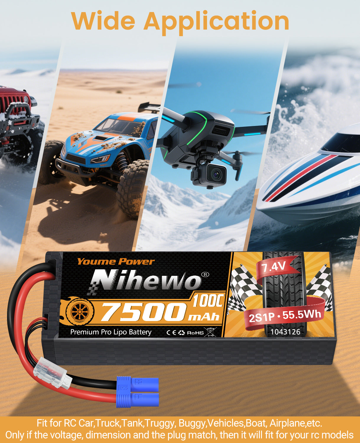 2S Lipo Battery Pack 7.4V RC Battery 7500mAh 100C Hard Case  for 1/8 1/10 RC Car Truck Vehicle Boat Tank Airplane Model(2 Packs)