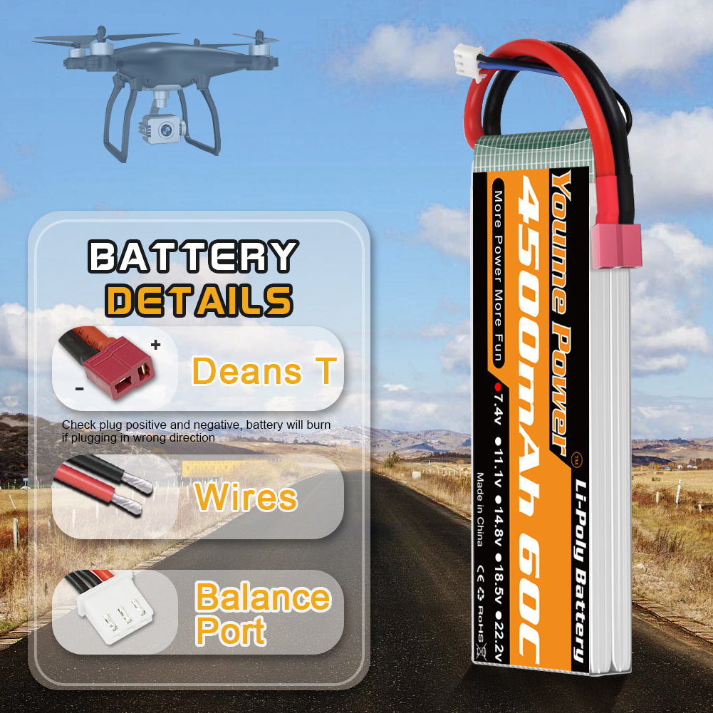 2S LiPo Battery, 7.4V RC Lipo Batteries 4500mAh 60C Soft Case with Dean-Style T Connector for 1/8 and 1/10 RC Vehicles Car Buggy Truggy Airplane Drone FPV(2 Packs)