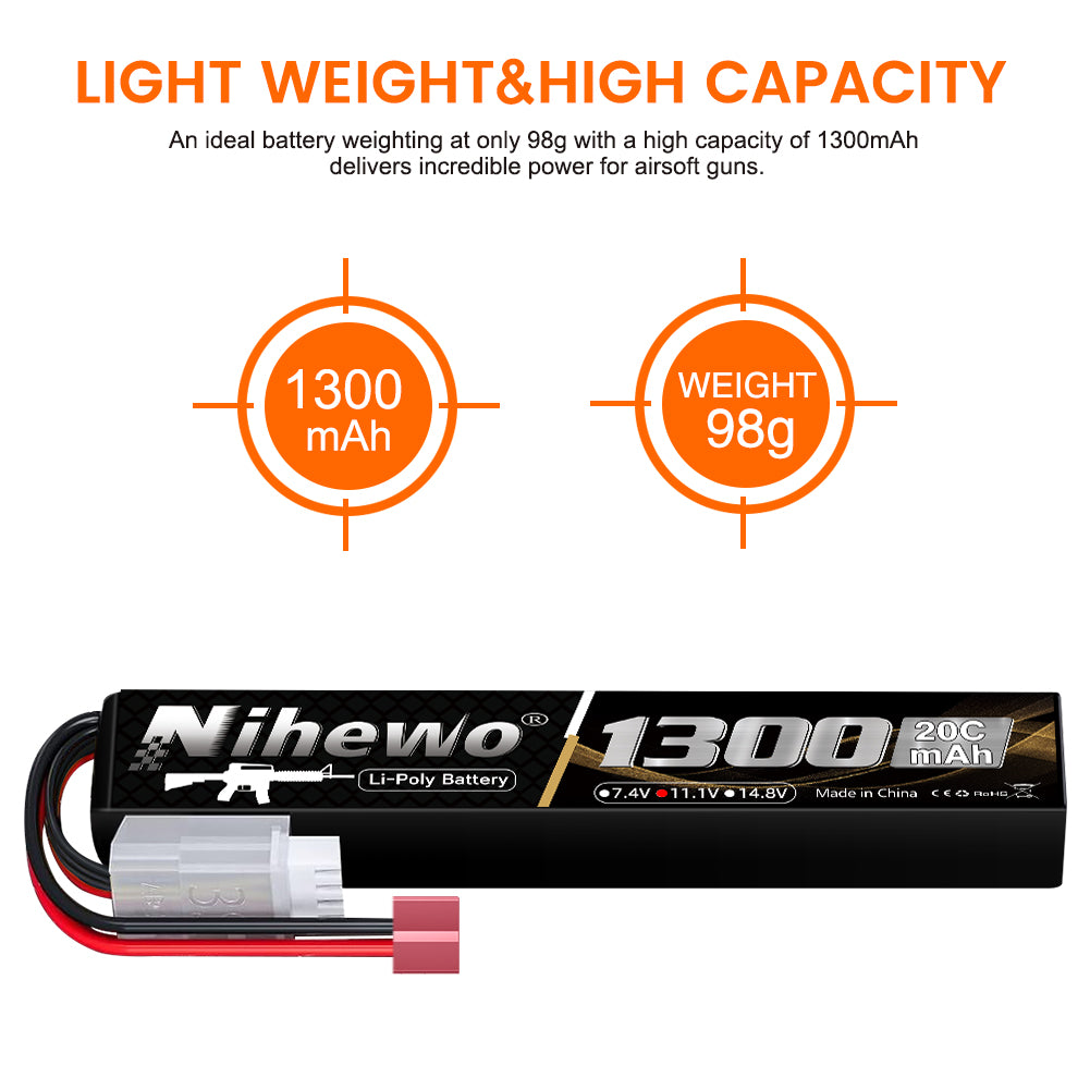 Airsoft Battery Rechargeable 11.1V 1300mAh 3S Lipo Battery 20C Soft Case with Dean-Style T Plug for AEG Airsoft Gun/Rifle RC Models (2packs)